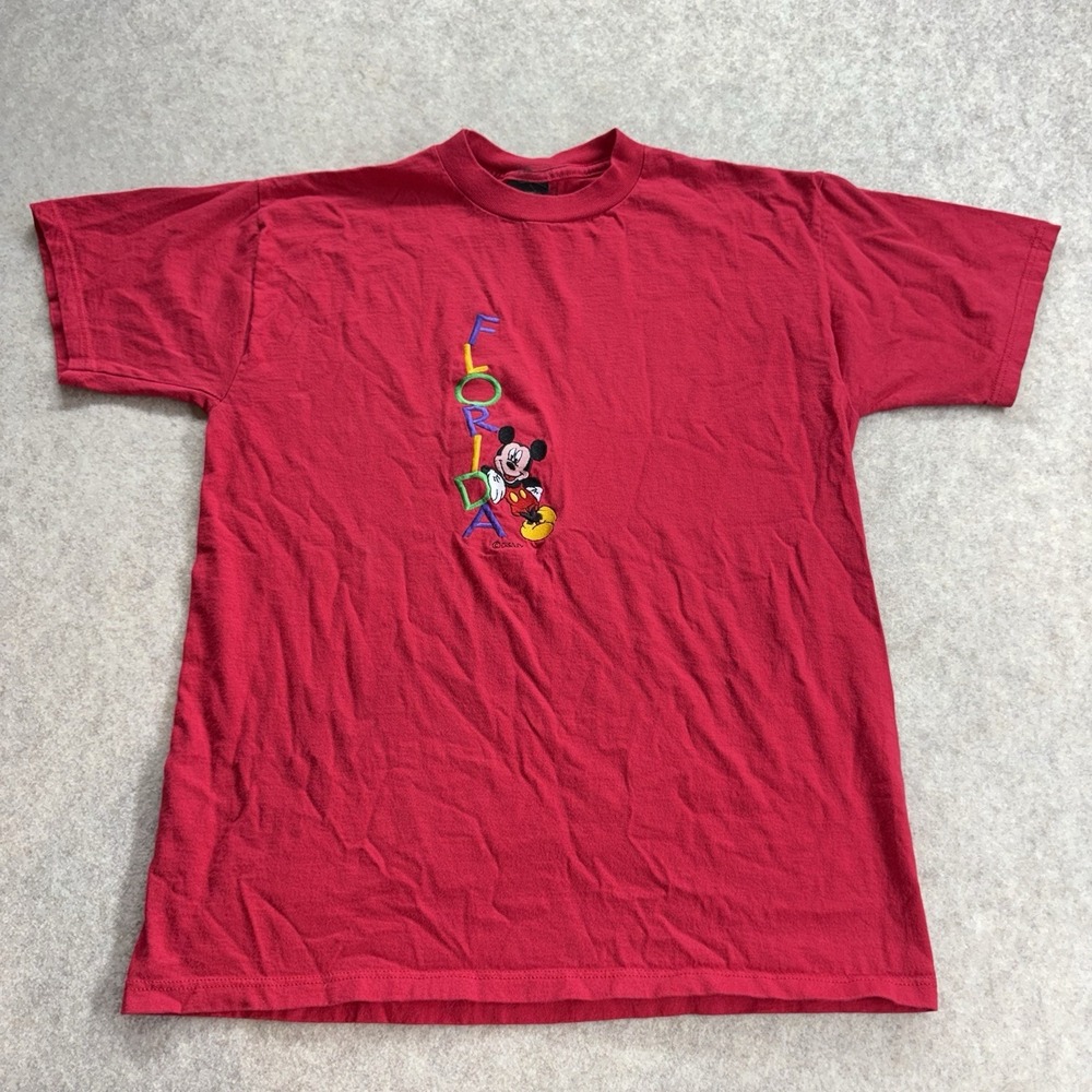 Vintage 90s Mickey Mouse Embroidered TShirt Sz Med Red Spellout Florida Disney